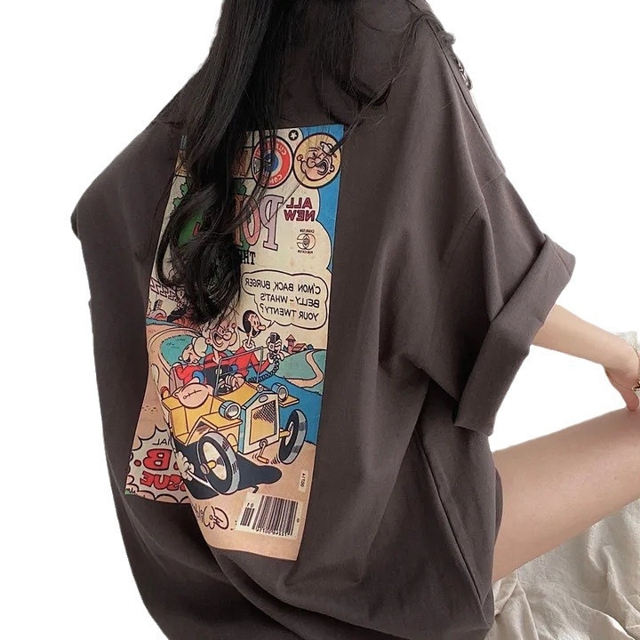 Tricou din bumbac cu imprimeu cartoon, mâneci scurte, croială lejeră oversize, lungime medie