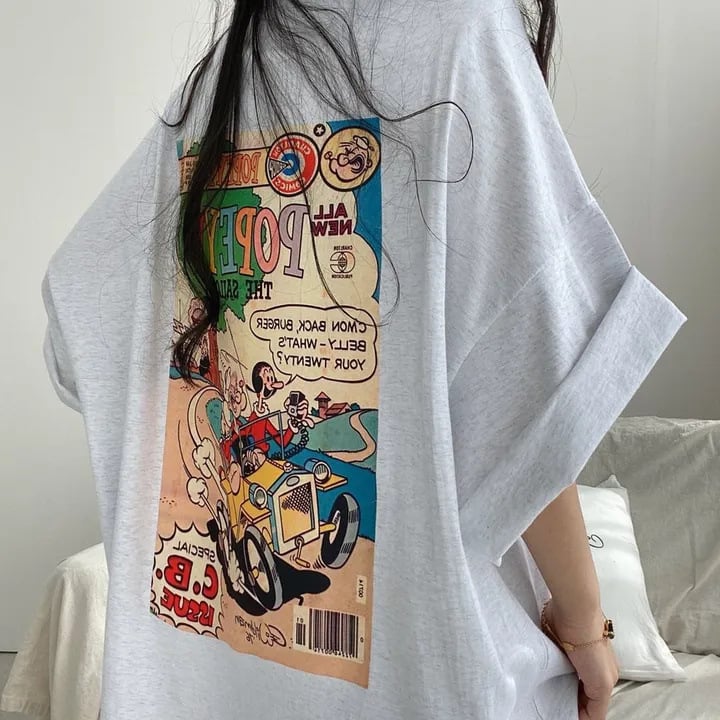 Tricou din bumbac cu imprimeu cartoon, mâneci scurte, croială lejeră oversize, lungime medie