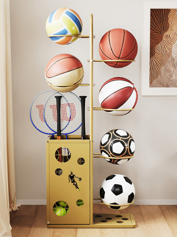 Raft metal pentru echipamente sportive, spațiu pentru mingi de baschet și rachete