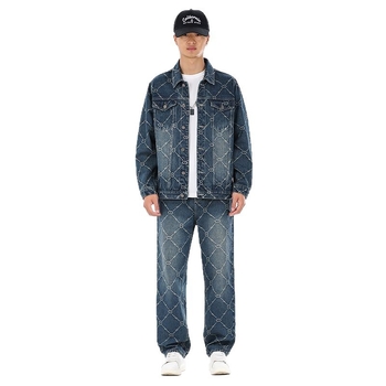 Muška džins jakna s jacquard uzorkom – opušten kroj, ovratnik s reverom, jednostruko kopčanje, bez kapulje, za sve sezone, prozračna, odvodi vlagu, otporna na habanje, 78% pamuka, bočne džepove