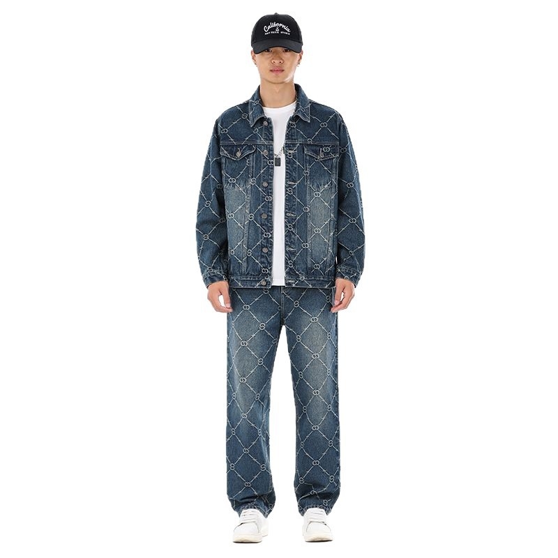 Muška džins jakna s jacquard uzorkom – opušten kroj, ovratnik s reverom, jednostruko kopčanje, bez kapulje, za sve sezone, prozračna, odvodi vlagu, otporna na habanje, 78% pamuka, bočne džepove