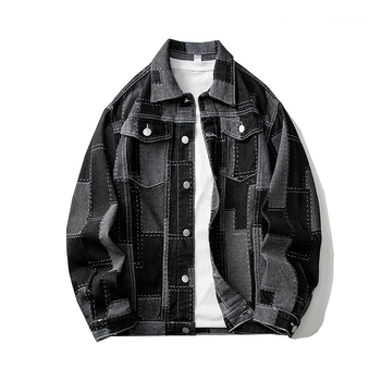 Muška traper jakna kariranog uzorka s kontrastnom bojom, britski stil, rever, jednostruko zatvaranje, dugi rukavi, regular kroj, pamuk podstava, 70% pamuk, 28% poliester, 2% regenerirana celuloza