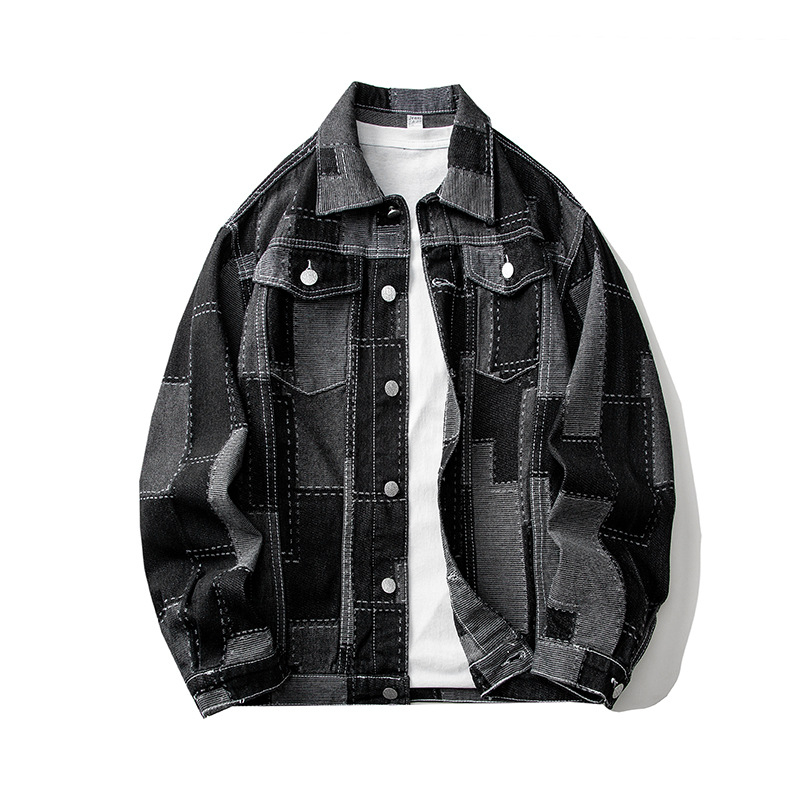 Muška traper jakna kariranog uzorka s kontrastnom bojom, britski stil, rever, jednostruko zatvaranje, dugi rukavi, regular kroj, pamuk podstava, 70% pamuk, 28% poliester, 2% regenerirana celuloza