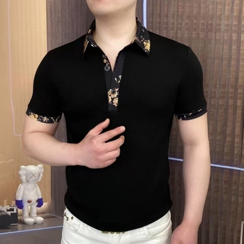 Tricou polo, croială slim, mâneci scurte, imprimeu cu flori fragmentate, țesătură din amestec de bumbac, respirabil