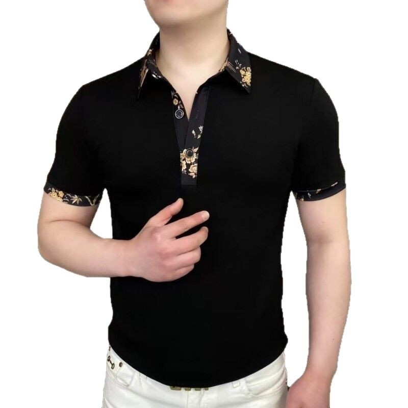 Tricou polo, croială slim, mâneci scurte, imprimeu cu flori fragmentate, țesătură din amestec de bumbac, respirabil