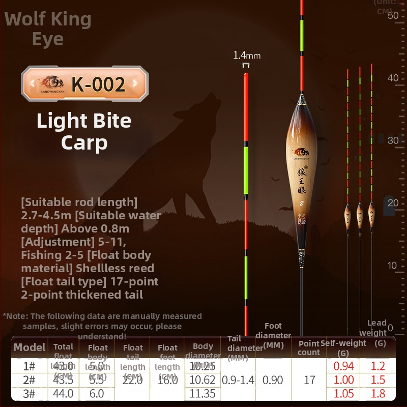 Plută de pescuit pentru deriva verticală: ultra-sensibilă, foarte vizibilă, design îngroșat pentru competiții (material: trestie; marcă: Wolf King Eyes; origine: China)