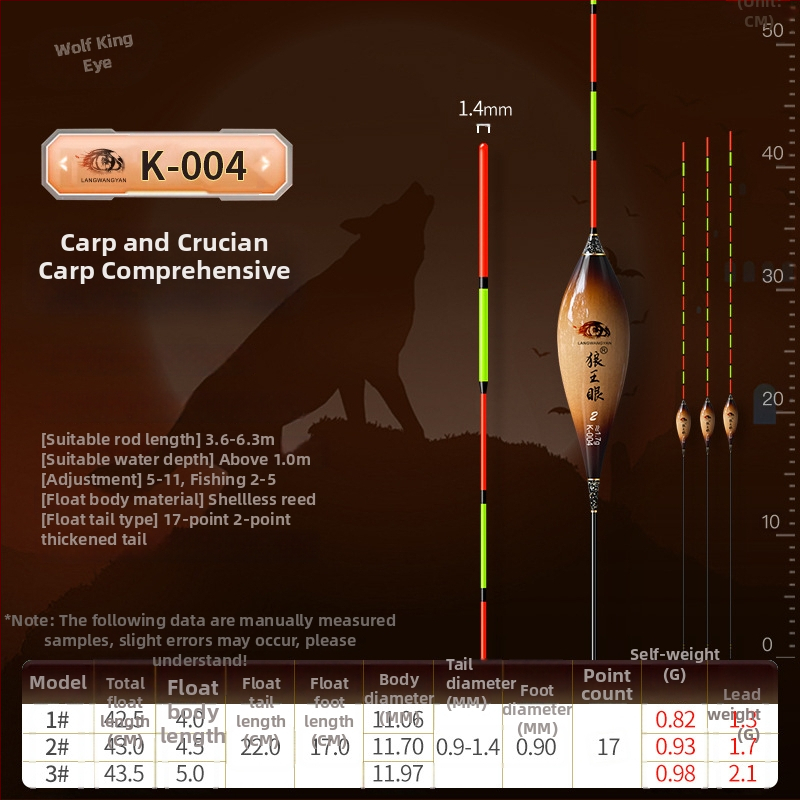 Plută de pescuit pentru deriva verticală: ultra-sensibilă, foarte vizibilă, design îngroșat pentru competiții (material: trestie; marcă: Wolf King Eyes; origine: China)