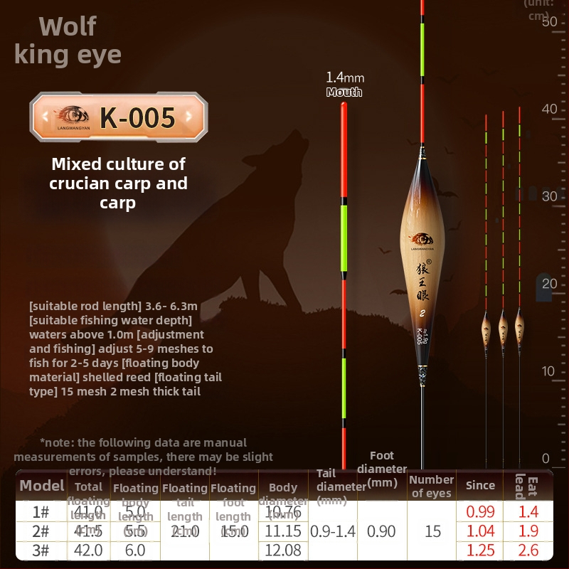 Plută de pescuit pentru deriva verticală: ultra-sensibilă, foarte vizibilă, design îngroșat pentru competiții (material: trestie; marcă: Wolf King Eyes; origine: China)