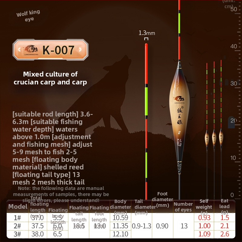 Plută de pescuit pentru deriva verticală: ultra-sensibilă, foarte vizibilă, design îngroșat pentru competiții (material: trestie; marcă: Wolf King Eyes; origine: China)