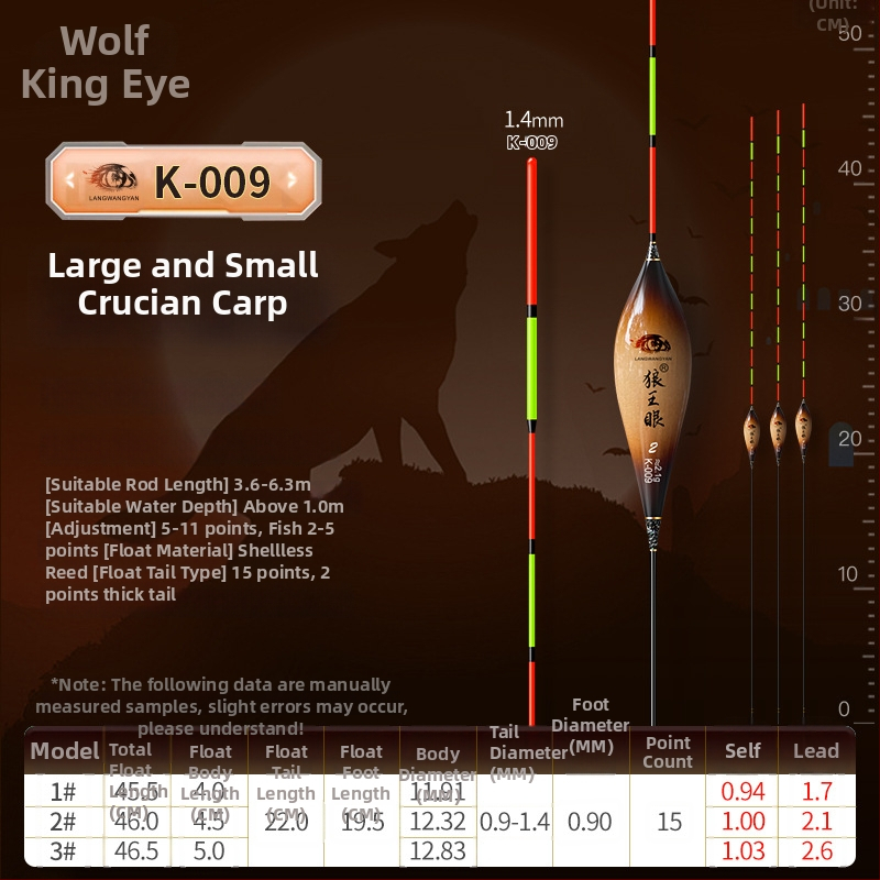 Plută de pescuit pentru deriva verticală: ultra-sensibilă, foarte vizibilă, design îngroșat pentru competiții (material: trestie; marcă: Wolf King Eyes; origine: China)