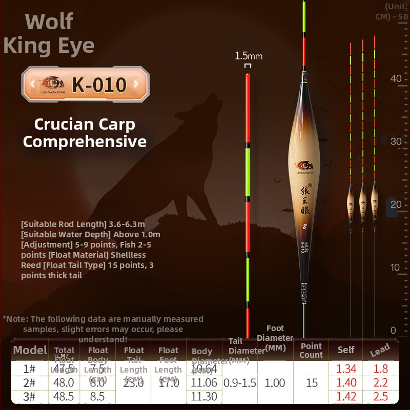 Plută de pescuit pentru deriva verticală: ultra-sensibilă, foarte vizibilă, design îngroșat pentru competiții (material: trestie; marcă: Wolf King Eyes; origine: China)