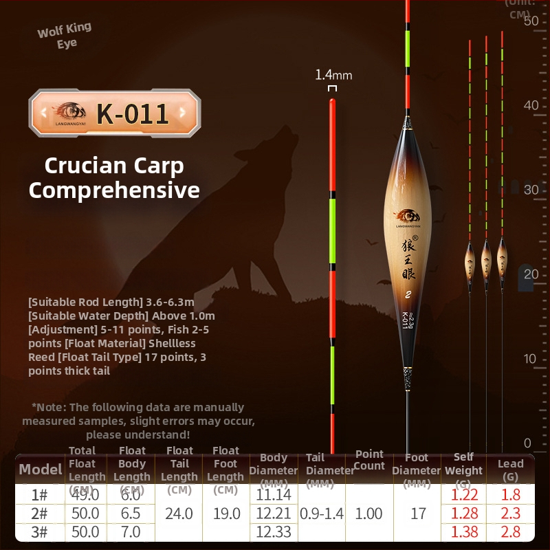 Plută de pescuit pentru deriva verticală: ultra-sensibilă, foarte vizibilă, design îngroșat pentru competiții (material: trestie; marcă: Wolf King Eyes; origine: China)