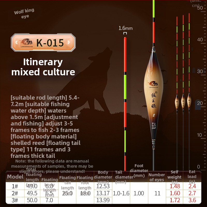 Plută de pescuit pentru deriva verticală: ultra-sensibilă, foarte vizibilă, design îngroșat pentru competiții (material: trestie; marcă: Wolf King Eyes; origine: China)
