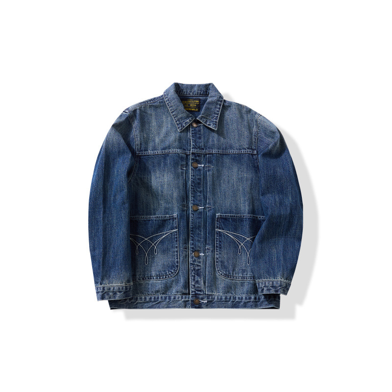 Jakna od pamuka denim s vintage stilom, rever, jednostruko kopcanje, patch džepovi, pjeskano pranje, normalan kroj, dugi rukavi, za proleće i jesen