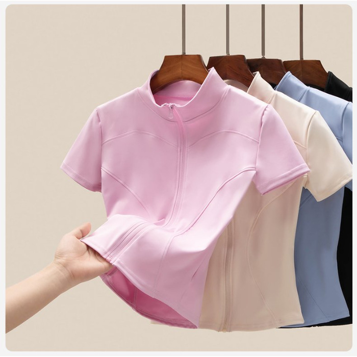 Top de yoga pentru femei cu guler înălțat și fermoar, fără mâneci, poliester, croială A-line, vara 2025