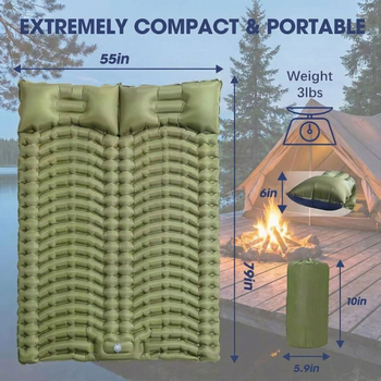Dvostruko napuhivački kamping ležaljka s ugrađenom pumpom, dvostruka konstrukcija, težina 1,55 kg, nosivost 350 kg, površina od kompozitnog platna