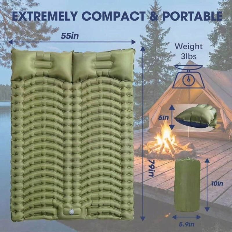 Dvostruko napuhivački kamping ležaljka s ugrađenom pumpom, dvostruka konstrukcija, težina 1,55 kg, nosivost 350 kg, površina od kompozitnog platna