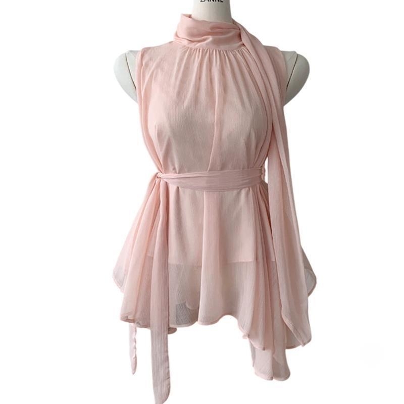 Bez rukava šifon bluza s vezivanjem na vratu i struku, jednobojna, poliester materijal, ravni kroj, duljina 50–65 cm