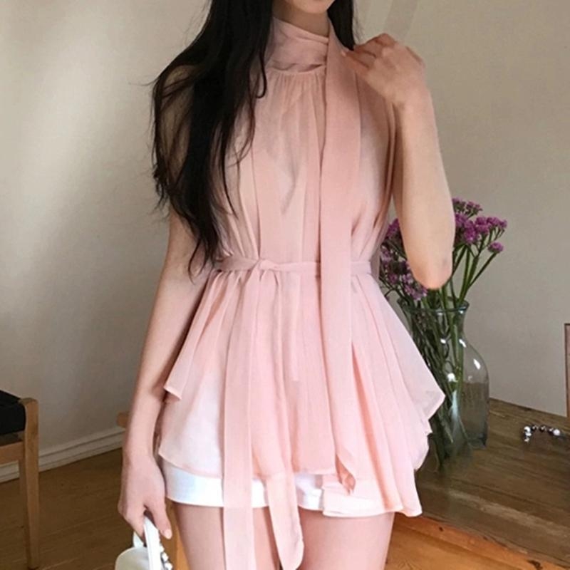 Bez rukava šifon bluza s vezivanjem na vratu i struku, jednobojna, poliester materijal, ravni kroj, duljina 50–65 cm