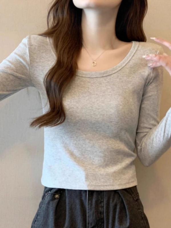 Ženska pamučna majica s dugim rukavima, U-vrat, slim fit, baselayer, jednobojna, jesen 2025