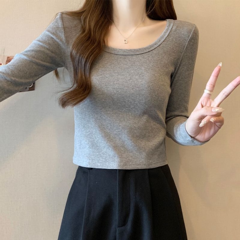 Ženska pamučna majica s dugim rukavima, U-vrat, slim fit, baselayer, jednobojna, jesen 2025