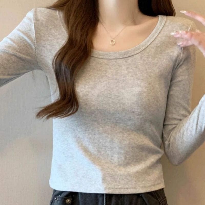 Ženska pamučna majica s dugim rukavima, U-vrat, slim fit, baselayer, jednobojna, jesen 2025