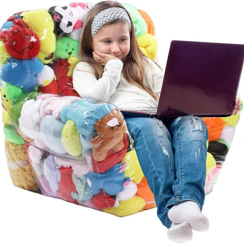 Φουσκωτός διαφανής καναπές με αποθηκευτικό χώρο για κούκλες και μαλακά παιχνίδια — PVC φιλικό προς το περιβάλλον, πάχος 0.25, βάρος 1.5 kg, μοντέρνο μινιμαλιστικό στυλ