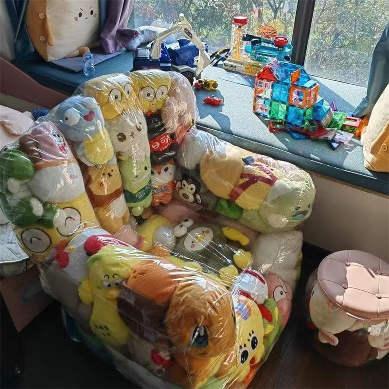 Φουσκωτός διαφανής καναπές με αποθηκευτικό χώρο για κούκλες και μαλακά παιχνίδια — PVC φιλικό προς το περιβάλλον, πάχος 0.25, βάρος 1.5 kg, μοντέρνο μινιμαλιστικό στυλ