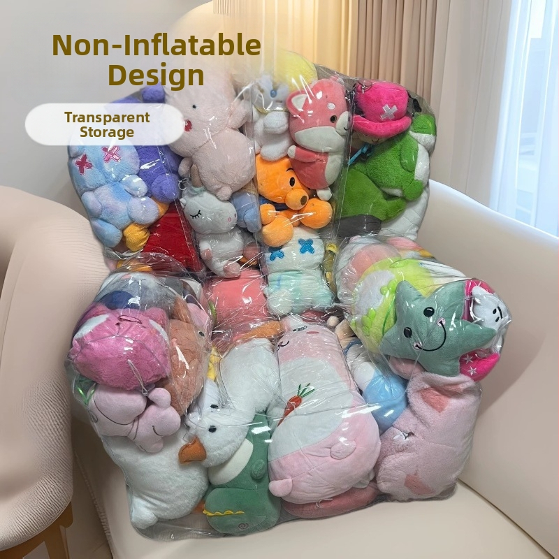 Priesvitná nafukovacia pohovka s úložným priestorom na bábiky a plyšové hračky — šetrný PVC, hrúbka 0.25, hmotnosť 1.5 kg, moderný minimalistický štýl