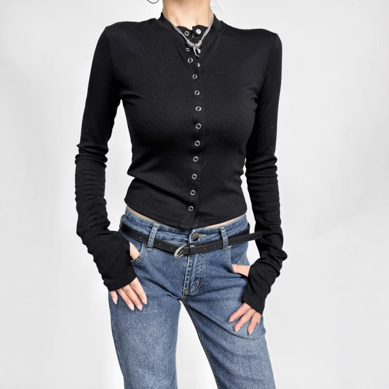T-shirt kardigan top, uskim krojem, dugi rukavi, okrugli izrez, pamuk 90–95%