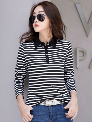 Kloz Majica s polo ovratnikom, dugi rukav, prugasta, 95% pamuk s elastanom, korejski stil
