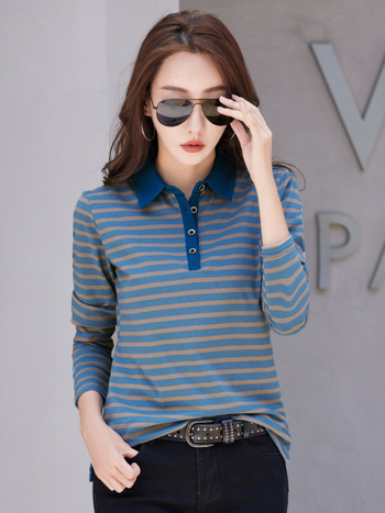 Kloz Majica s polo ovratnikom, dugi rukav, prugasta, 95% pamuk s elastanom, korejski stil