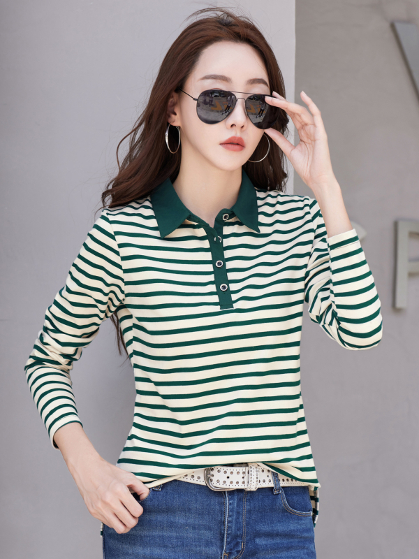 Kloz Majica s polo ovratnikom, dugi rukav, prugasta, 95% pamuk s elastanom, korejski stil