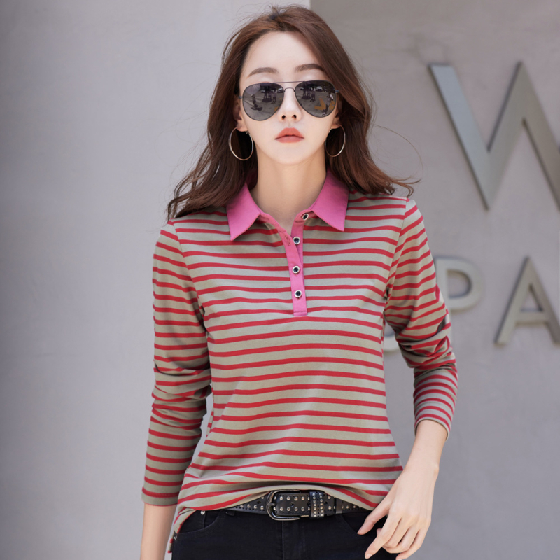 Kloz Majica s polo ovratnikom, dugi rukav, prugasta, 95% pamuk s elastanom, korejski stil