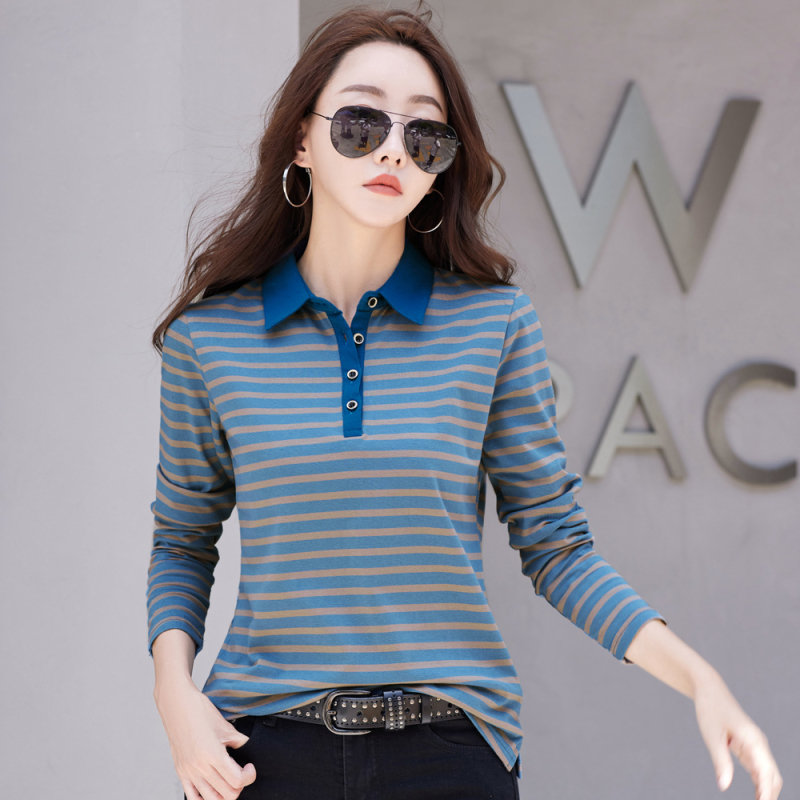 Kloz Majica s polo ovratnikom, dugi rukav, prugasta, 95% pamuk s elastanom, korejski stil