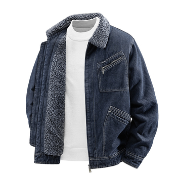 Muška traper jakna s reverom i zatvaračem; debela zimska jakna; vanjski 90% poliester, podstava 90% poliester; bočne džepove; normalna dužina; dugi rukavi