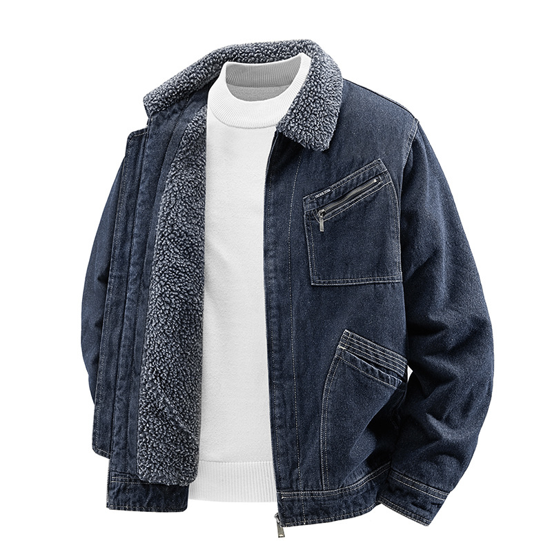 Muška traper jakna s reverom i zatvaračem; debela zimska jakna; vanjski 90% poliester, podstava 90% poliester; bočne džepove; normalna dužina; dugi rukavi