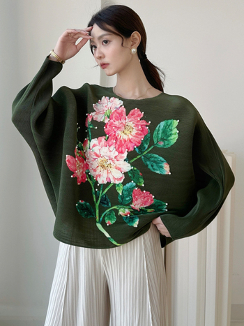 Ženska majica s okruglim izrezom, bat rukav, retro cvjetni otisak, poliester 95%+, normalna duljina 50–65 cm, Zimska kolekcija 2025