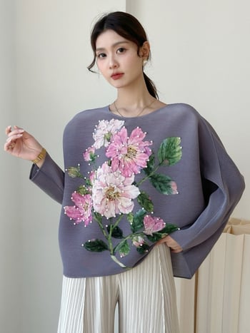 Ženska majica s okruglim izrezom, bat rukav, retro cvjetni otisak, poliester 95%+, normalna duljina 50–65 cm, Zimska kolekcija 2025