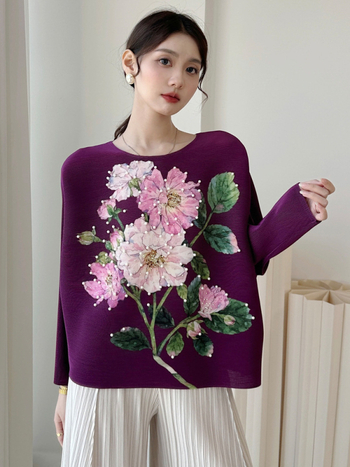 Ženska majica s okruglim izrezom, bat rukav, retro cvjetni otisak, poliester 95%+, normalna duljina 50–65 cm, Zimska kolekcija 2025