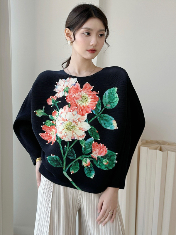 Ženska majica s okruglim izrezom, bat rukav, retro cvjetni otisak, poliester 95%+, normalna duljina 50–65 cm, Zimska kolekcija 2025