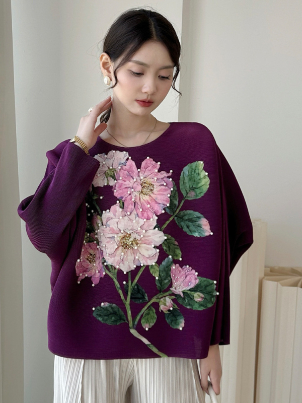 Ženska majica s okruglim izrezom, bat rukav, retro cvjetni otisak, poliester 95%+, normalna duljina 50–65 cm, Zimska kolekcija 2025