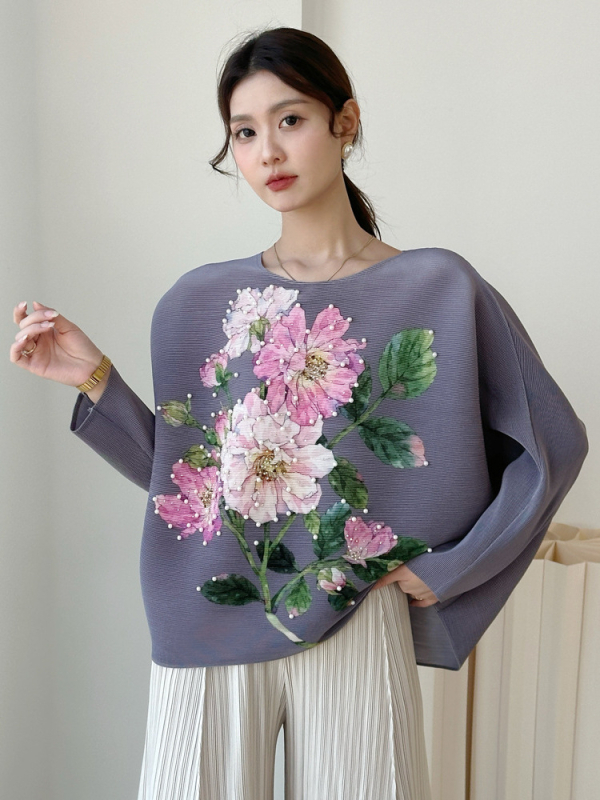 Ženska majica s okruglim izrezom, bat rukav, retro cvjetni otisak, poliester 95%+, normalna duljina 50–65 cm, Zimska kolekcija 2025