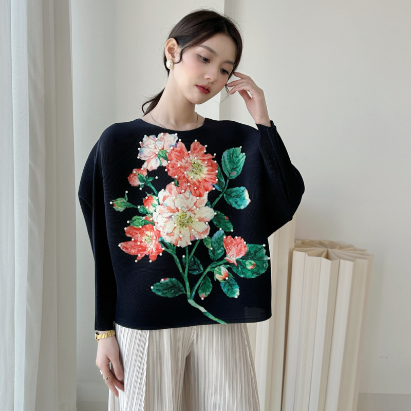 Ženska majica s okruglim izrezom, bat rukav, retro cvjetni otisak, poliester 95%+, normalna duljina 50–65 cm, Zimska kolekcija 2025