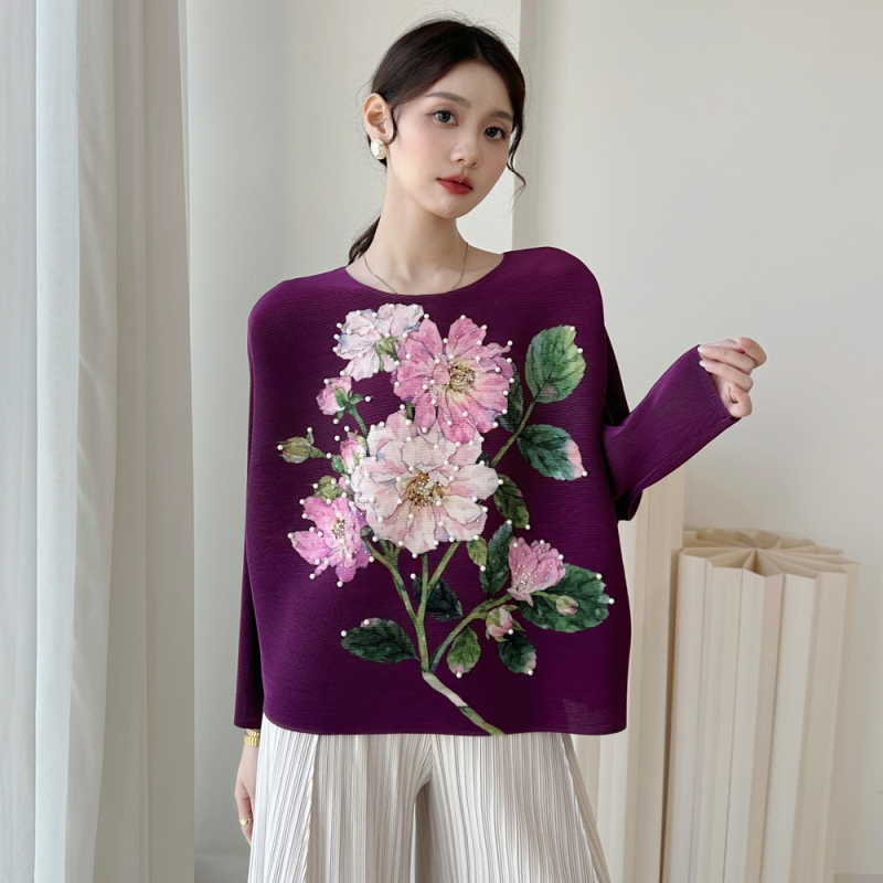 Ženska majica s okruglim izrezom, bat rukav, retro cvjetni otisak, poliester 95%+, normalna duljina 50–65 cm, Zimska kolekcija 2025