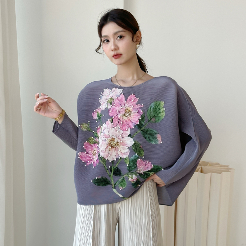 Ženska majica s okruglim izrezom, bat rukav, retro cvjetni otisak, poliester 95%+, normalna duljina 50–65 cm, Zimska kolekcija 2025