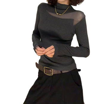 Tricou slim fit cu guler semiînalt, mâneci lungi, broderie, lungime 50–65 cm