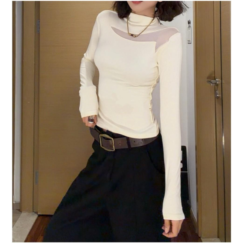 Tricou slim fit cu guler semiînalt, mâneci lungi, broderie, lungime 50–65 cm