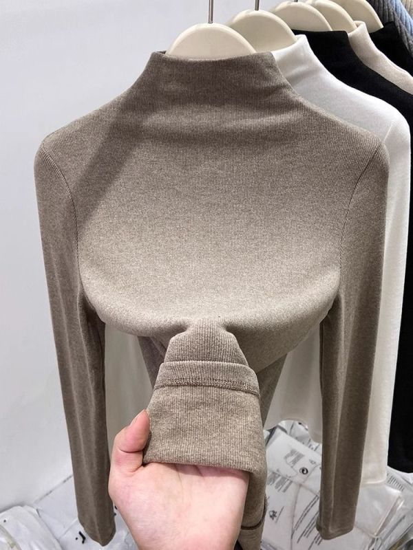 Ženski T‑shirt s dugim rukavima, polu-visoki ovratnik, uski kroj, brushed njemački velur