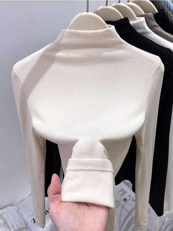 Ženski T‑shirt s dugim rukavima, polu-visoki ovratnik, uski kroj, brushed njemački velur